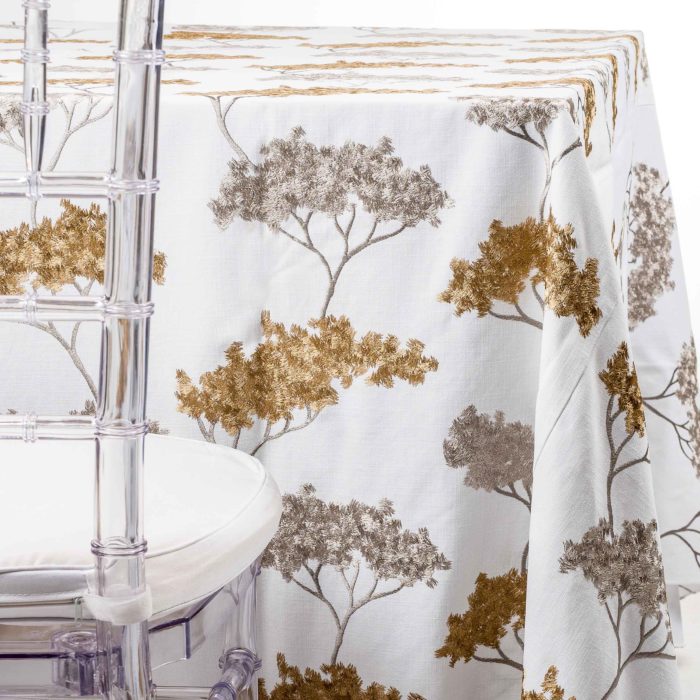 Gold and Silver Embroidered Trees Tablecloth Rentals.