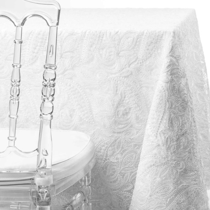 traditional lace tablecloth rentals in New Jersey. For weddings or parties. Tablecloth and napkin rentals by Chaya Sara Thau