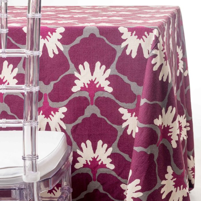 pink Marni flowers tablecloth rentals in New Jersey. For weddings or parties. Tablecloth and napkin rentals by Chaya Sara Thau