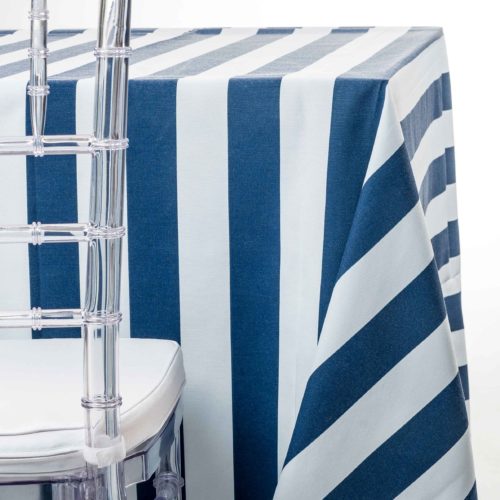 navy awning stripe tablecloth rentals in New Jersey. For weddings or parties. Tablecloth and napkin rentals by Chaya Sara Thau
