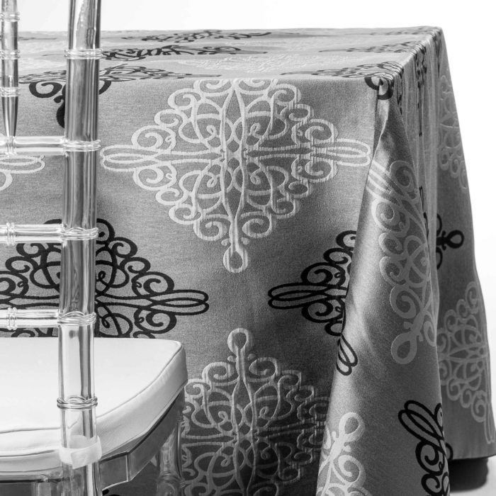 black and silver damask tablecloth rentals in New Jersey. For weddings or parties. Tablecloth and napkin rentals by Chaya Sara Thau