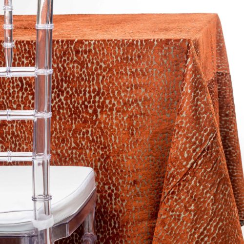 orange chenille speckled tablecloth rentals in New Jersey. For weddings or parties. Tablecloth and napkin rentals by Chaya Sara Thau